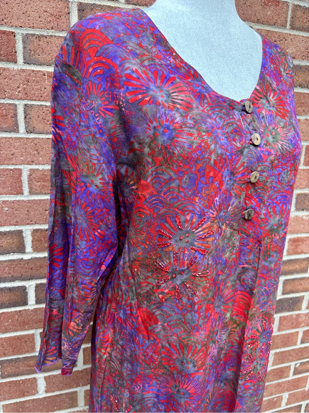 Bali Batiks Hand Painted Resort Wear Rayon Tunic Dress Beaded Floral Large